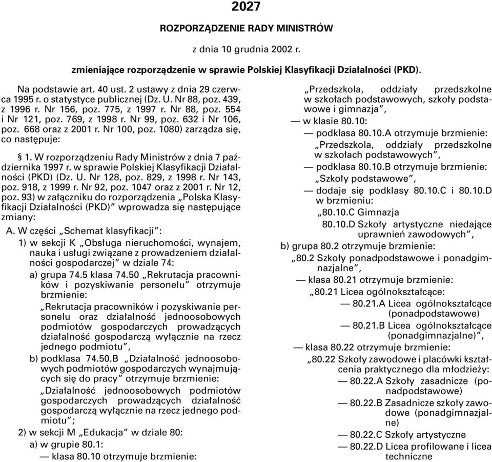 1080) zarzàdza si, co nast puje: 1. W rozporzàdzeniu Rady Ministrów z dnia 7 paêdziernika 1997 r. w sprawie Polskiej Klasyfikacji Dzia alnoêci (PKD) (Dz. U. Nr 128, poz. 829, z 1998 r. Nr 143, poz.