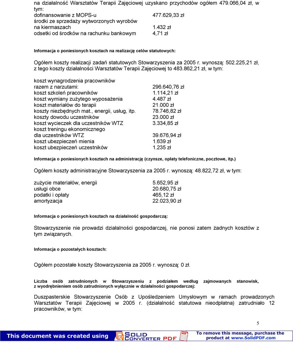 wynoszą: 502.225,21 zł, z tego koszty działalności Warsztatów Terapii Zajęciowej to 483.