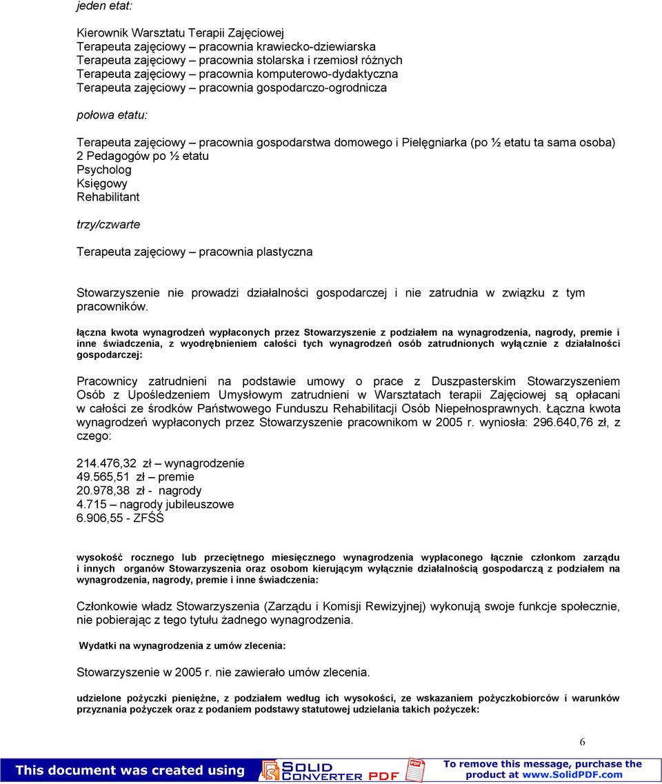 ½ etatu Psycholog Księgowy Rehabilitant trzy/czwarte Terapeuta zajęciowy pracownia plastyczna Stowarzyszenie nie prowadzi działalności gospodarczej i nie zatrudnia w związku z tym pracowników.