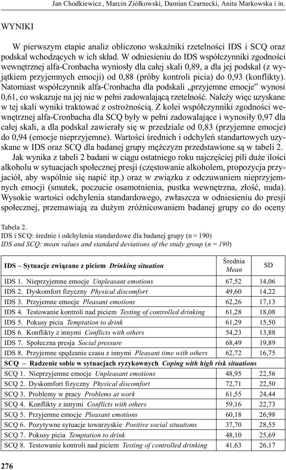 (konflikty). Natomiast wspó³czynnik alfa-cronbacha dla podskali przyjemne emocje wynosi 0,61, co wskazuje na jej nie w pe³ni zadowalaj¹c¹ rzetelnoœæ.