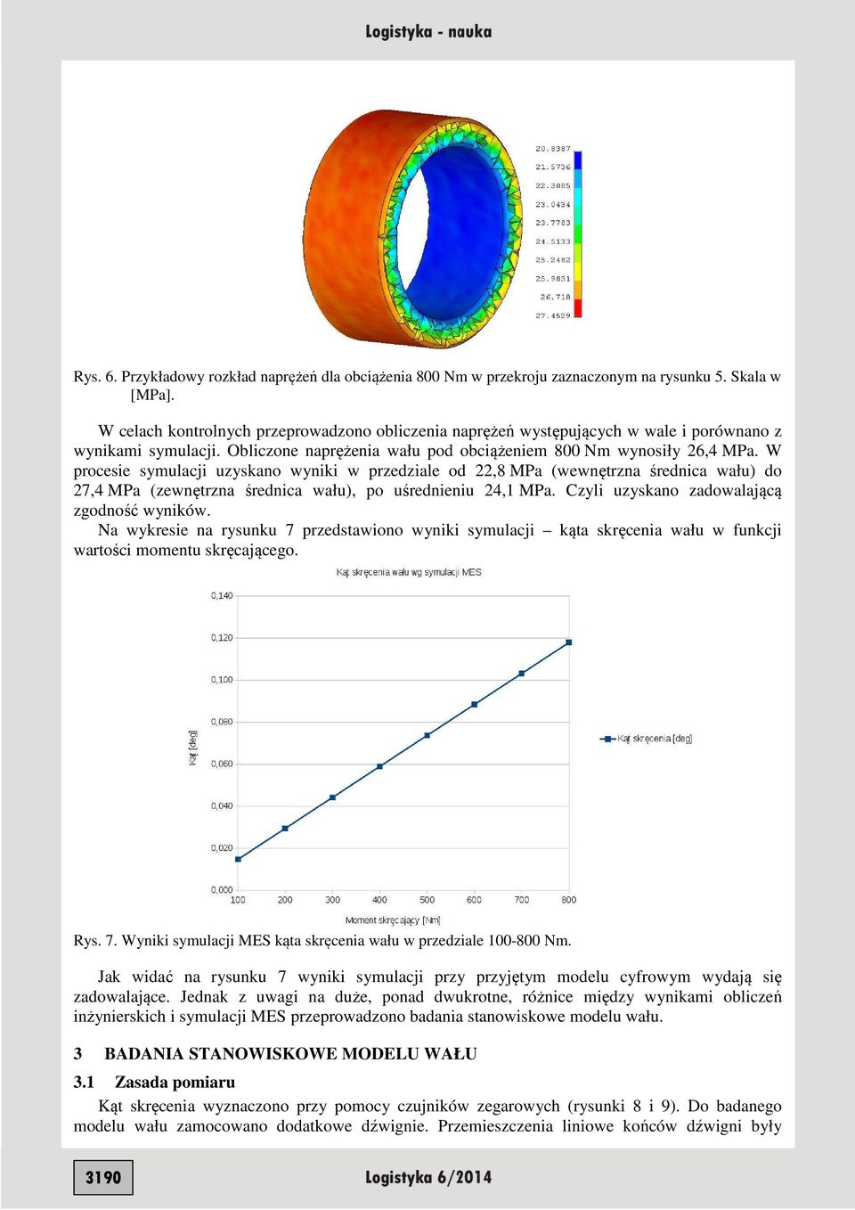 W procesie symulacji uzyskano wyniki w przedziale od 22,8 MPa (wewnętrzna średnica wału) do 27,4 MPa (zewnętrzna średnica wału), po uśrednieniu 24,1 MPa. Czyli uzyskano zadowalającą zgodność wyników.