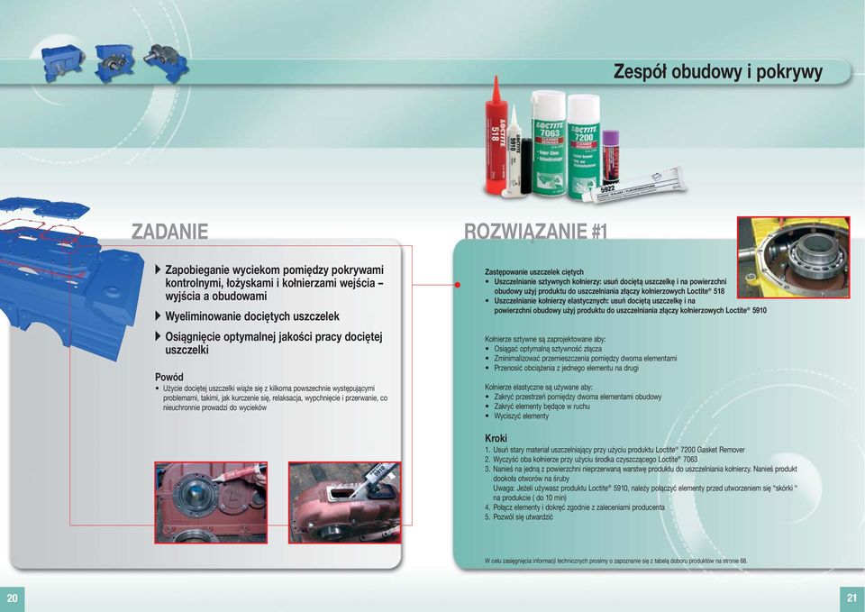 do wycieków ROZWIĄZANIE #1 Zastępowanie uszczelek ciętych Uszczelnianie sztywnych kołnierzy: usuń dociętą uszczelkę i na powierzchni obudowy użyj produktu do uszczelniania złączy kołnierzowych