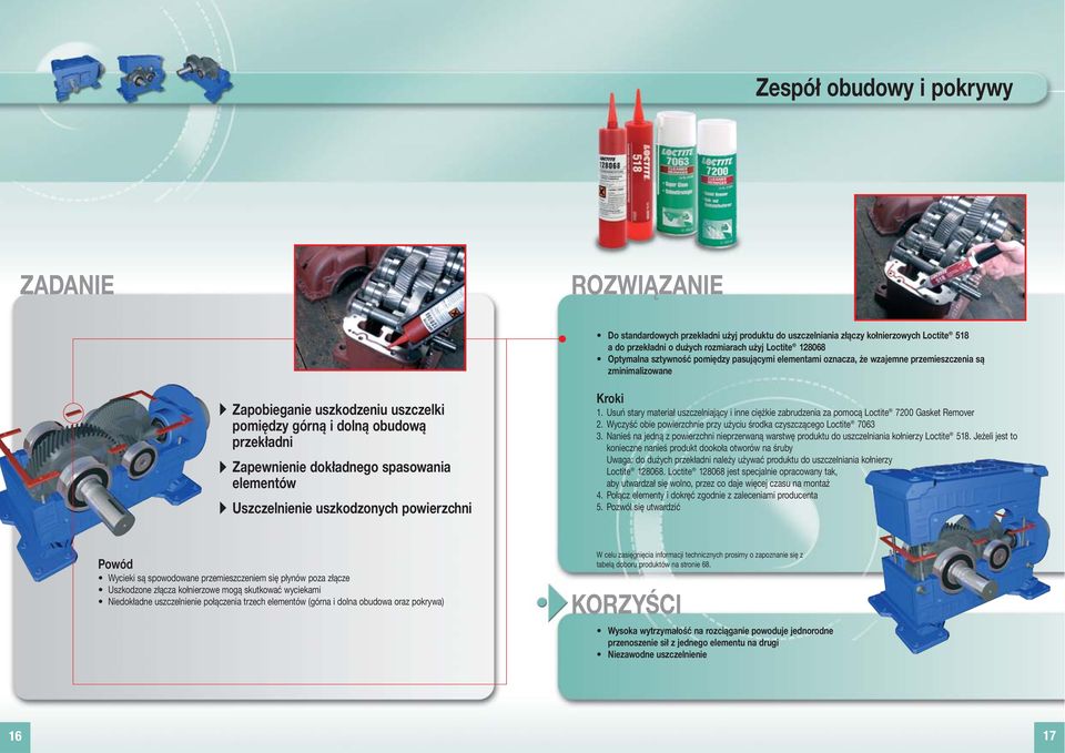 spasowania elementów Uszczelnienie uszkodzonych powierzchni 1. Usuń stary materiał uszczelniający i inne ciężkie zabrudzenia za pomocą Loctite 7200 Gasket Remover 2.