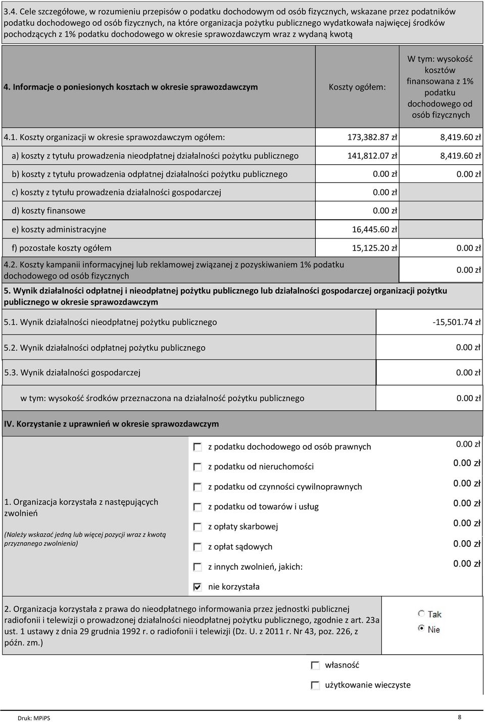 Informacje o poniesionych kosztach w okresie sprawozdawczym Koszty ogсёem: W tym: wysoko Ф kosztсw finansowana z 1% podatku dochodowego od osсb fizycznych 4.1. Koszty organizacji w okresie sprawozdawczym ogсёem: 173,382.