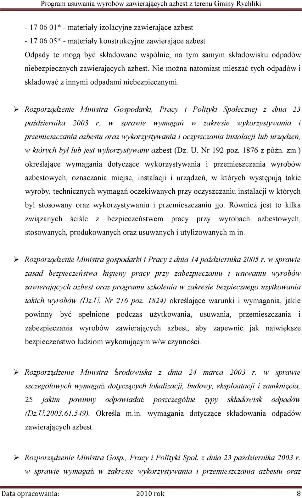 Rozporządzenie Ministra Gospodarki, Pracy i Polityki Społecznej z dnia 23 października 2003 r.