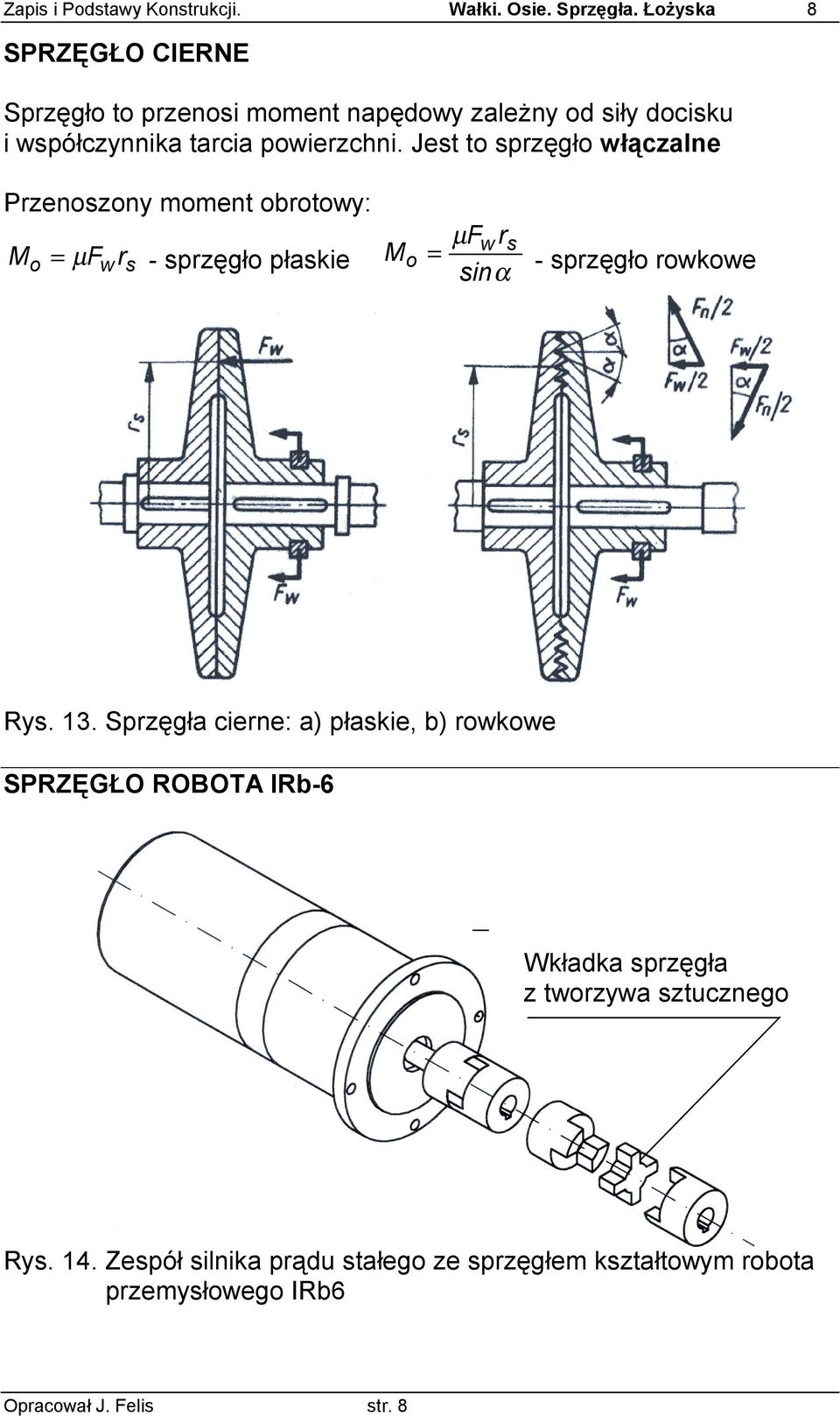 Jest to sprzęgło włączalne Przenoszony moment obrotowy: M = µf r - sprzęgło płaskie o w s µ Fw rs Mo = sinα - sprzęgło rowkowe Rys.