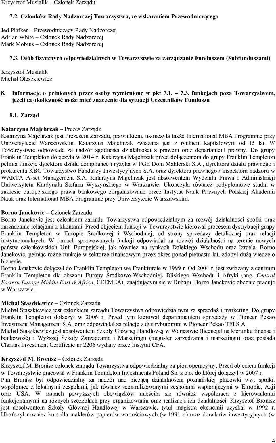 Osób fizycznych odpowiedzialnych w Towarzystwie za zarządzanie Funduszem (Subfunduszami) Krzysztof Musialik Michał Oleszkiewicz 8. Informacje o pełnionych przez osoby wymienione w pkt 7.1. 7.3.