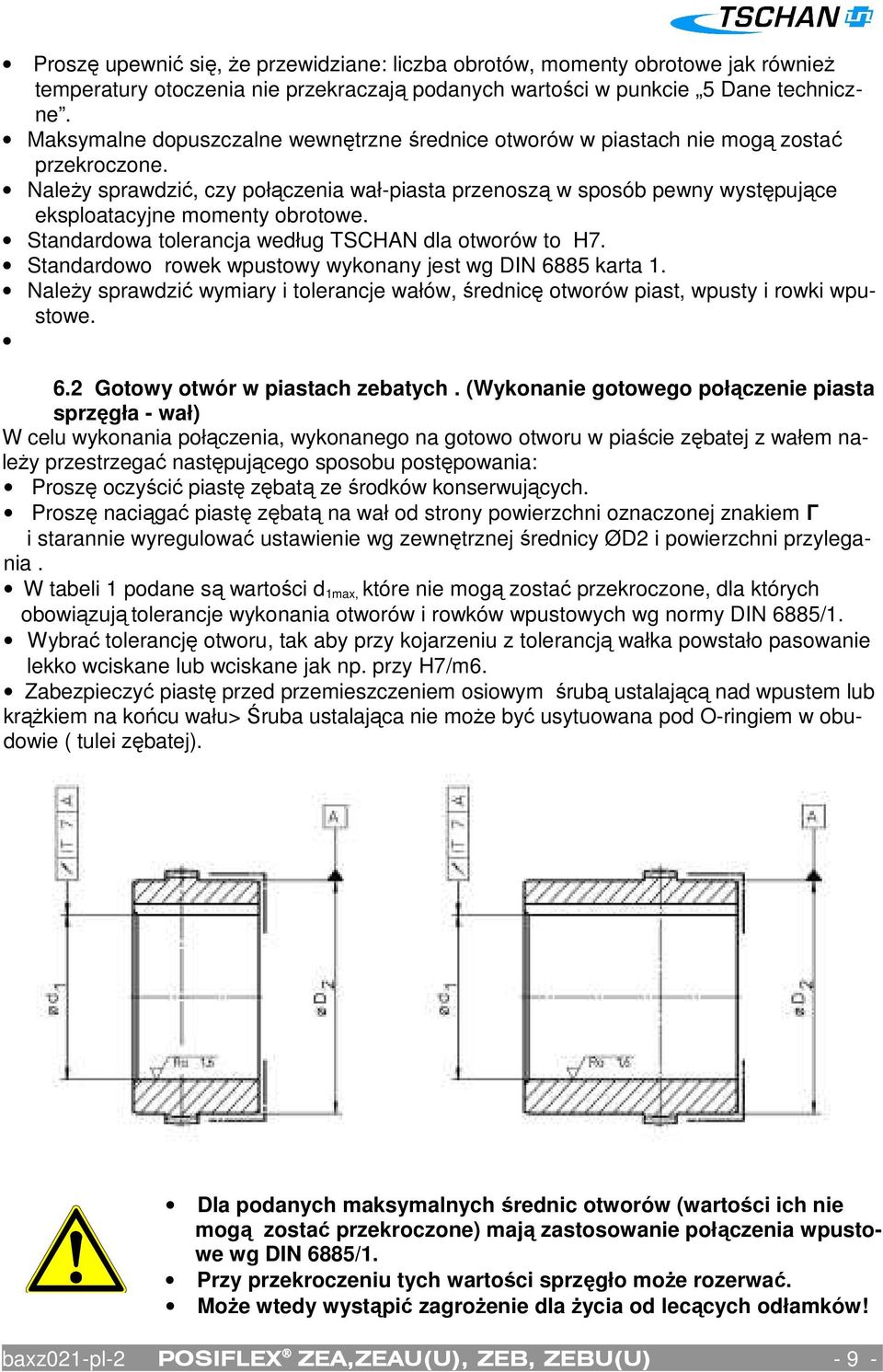 Należy sprawdzić, czy połączenia wał-piasta przenoszą w sposób pewny występujące eksploatacyjne momenty obrotowe. Standardowa tolerancja według TSCHAN dla otworów to H7.