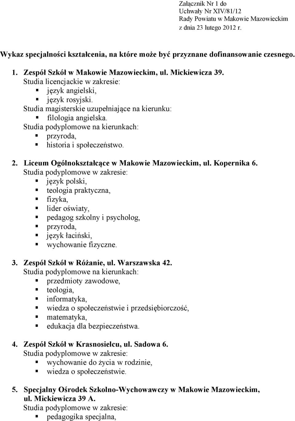 Studia podyplomowe na kierunkach: przyroda, historia i społeczeństwo. 2. Liceum Ogólnokształcące w Makowie Mazowieckim, ul. Kopernika 6.