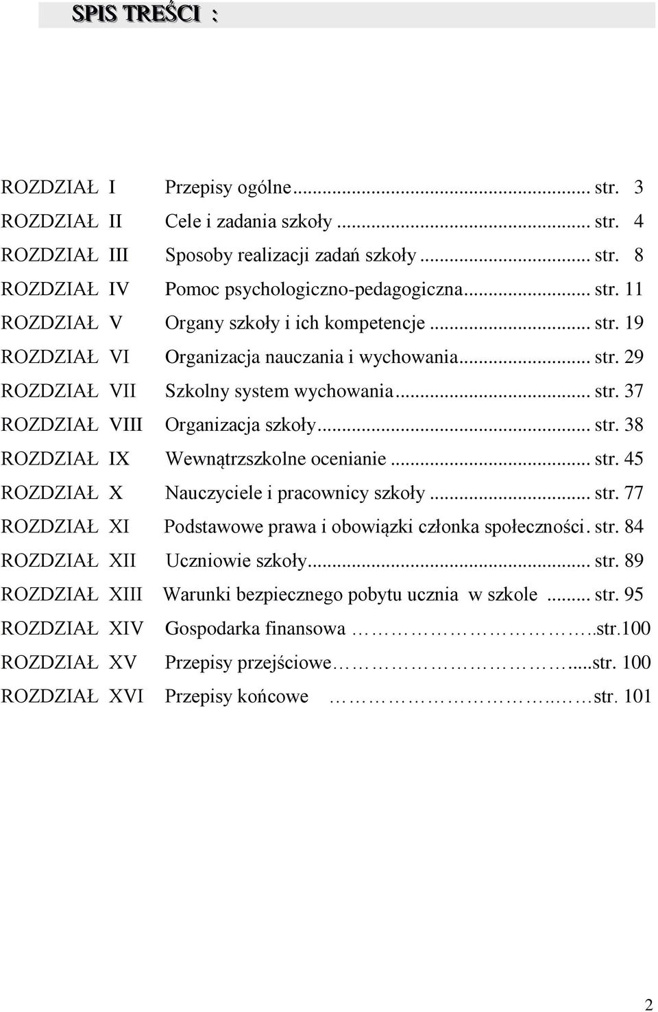 .. str. 38 ROZDZIAŁ IX Wewnątrzszkolne ocenianie... str. 45 ROZDZIAŁ X Nauczyciele i pracownicy szkoły... str. 77 ROZDZIAŁ XI Podstawowe prawa i obowiązki członka społeczności. str. 84 ROZDZIAŁ XII Uczniowie szkoły.