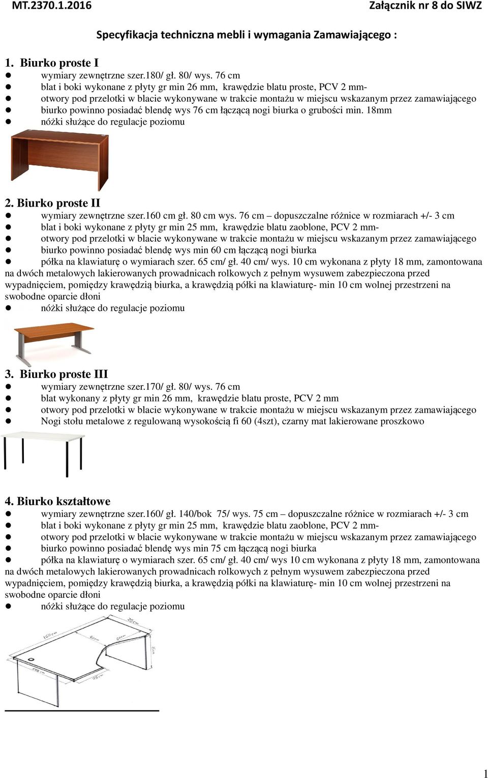 posiadać blendę wys 76 cm łączącą nogi biurka o grubości min. 18mm nóżki służące do regulacje poziomu 2. Biurko proste II wymiary zewnętrzne szer.160 cm gł. 80 cm wys.