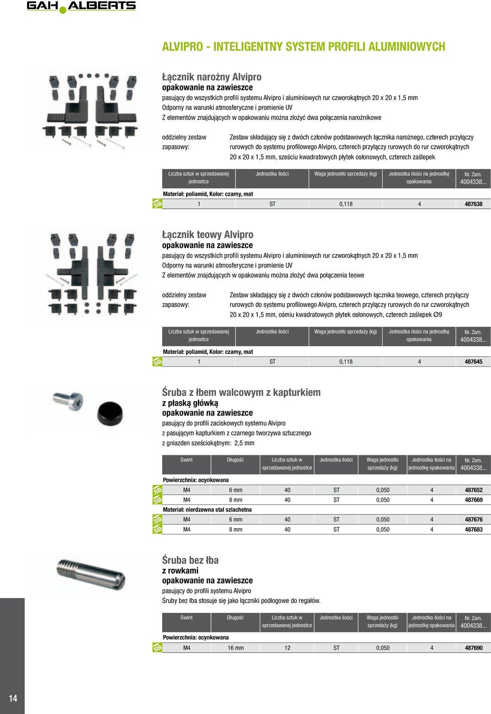 rurowyh do systemu profilowego Alvipro, ztereh przyłązy rurowyh do rur zworokątnyh 20 x 20 x 1,5 mm, sześiu kwdrtowyh płytek osłonowyh, ztereh zślepek Liz sztuk w sprzedwnej jednoste Jednostk Wg