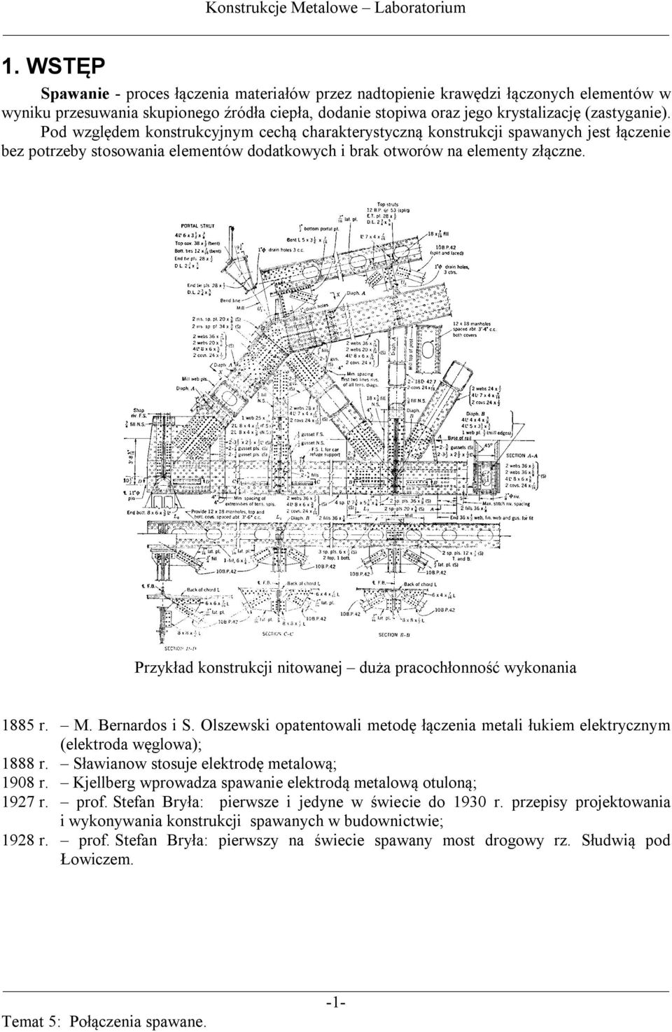 Przykład konstrukcji nitowanej duża pracochłonność wykonania 1885 r. M. Bernardos i S. Olszewski opatentowali metodę łączenia metali łukiem elektrycznym (elektroda węglowa); 1888 r.