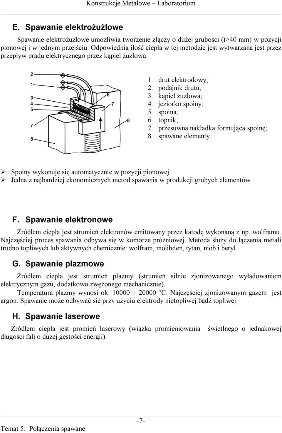 spoina; 6. topnik; 7. przesuwna nakładka formująca spoinę; 8. spawane elementy.