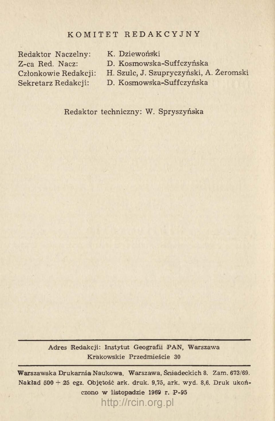 Spryszyńska Adres Redakcji: Instytuit Geografii PAN, Warszawa Krakowskie Przedmieście 30 Warszawska Drukarnia Naukowa.