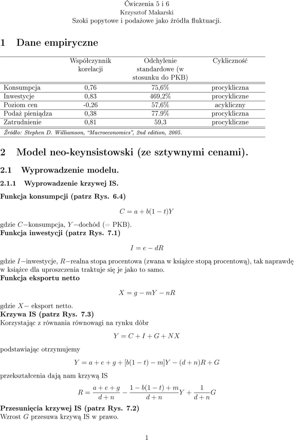 0,38 77.9% procykliczna Zatrudnienie 0,81 59,3 procykliczne ródªo: Stephen D. Williamson, Macroeconomics, 2nd edition, 2005. 2 Model neo-keynsistowski (ze sztywnymi cenami). 2.1 Wyprowadzenie modelu.
