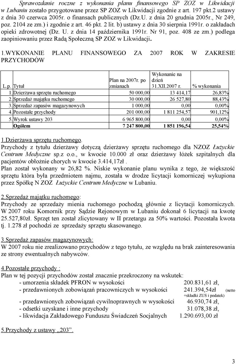 z dnia 14 października 1991r. Nr 91, poz. 408 ze zm.) podlega zaopiniowaniu przez Radą Społeczną SP ZOZ w Likwidacji. 1.WYKONANIE PLANU FINANSOWEGO ZA 2007 ROK W ZAKRESIE PRZYCHODÓW Wykonanie na L.p. Tytuł Plan na 2007r.