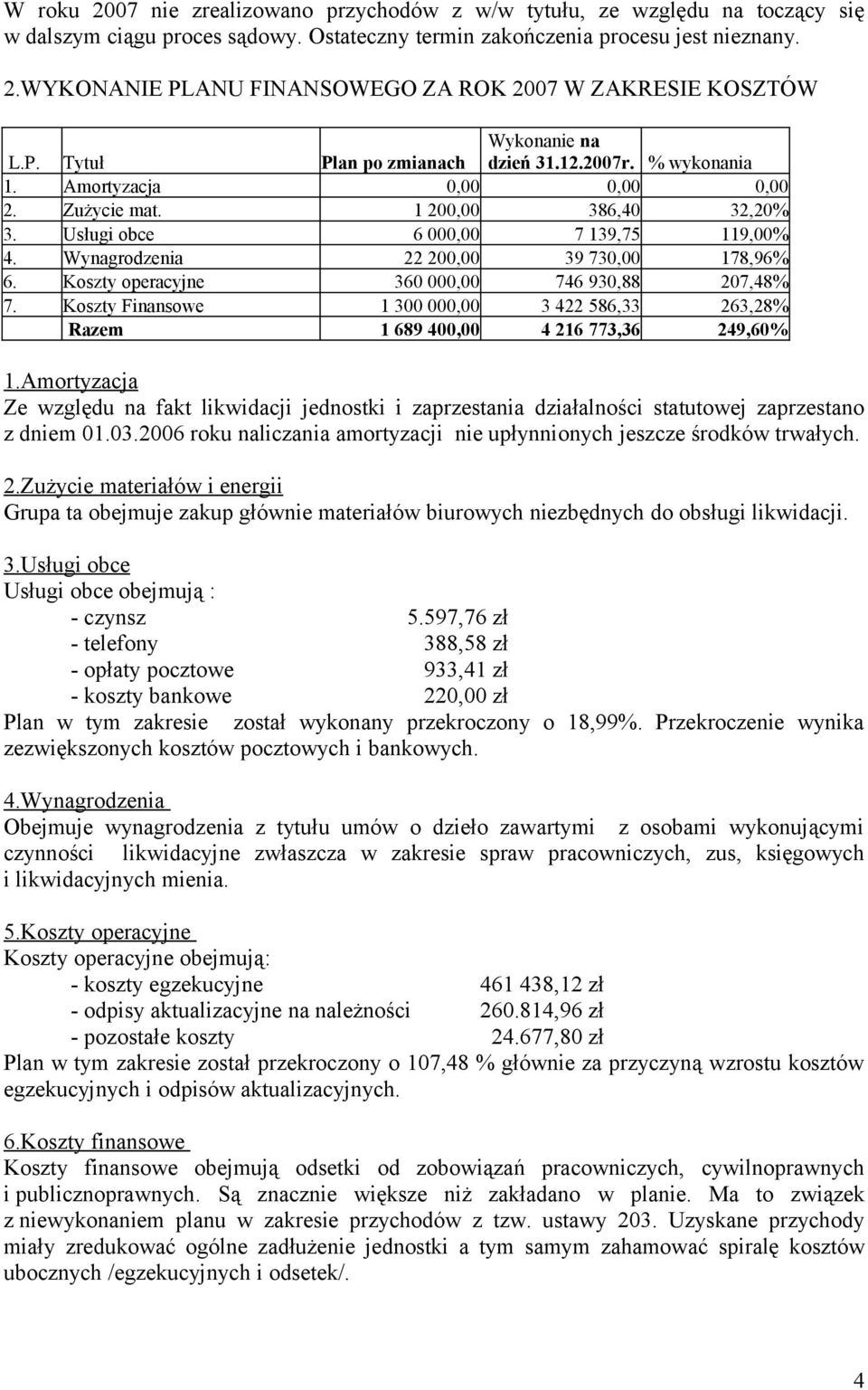 Wynagrodzenia 22 200,00 39 730,00 178,96% 6. Koszty operacyjne 360 000,00 746 930,88 207,48% 7. Koszty Finansowe 1 300 000,00 3 422 586,33 263,28% Razem 1 689 400,00 4 216 773,36 249,60% 1.