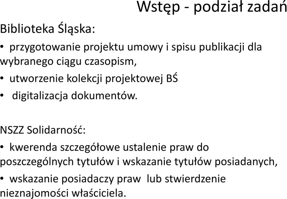 NSZZ Solidarność: kwerenda szczegółowe ustalenie praw do poszczególnych tytułów i