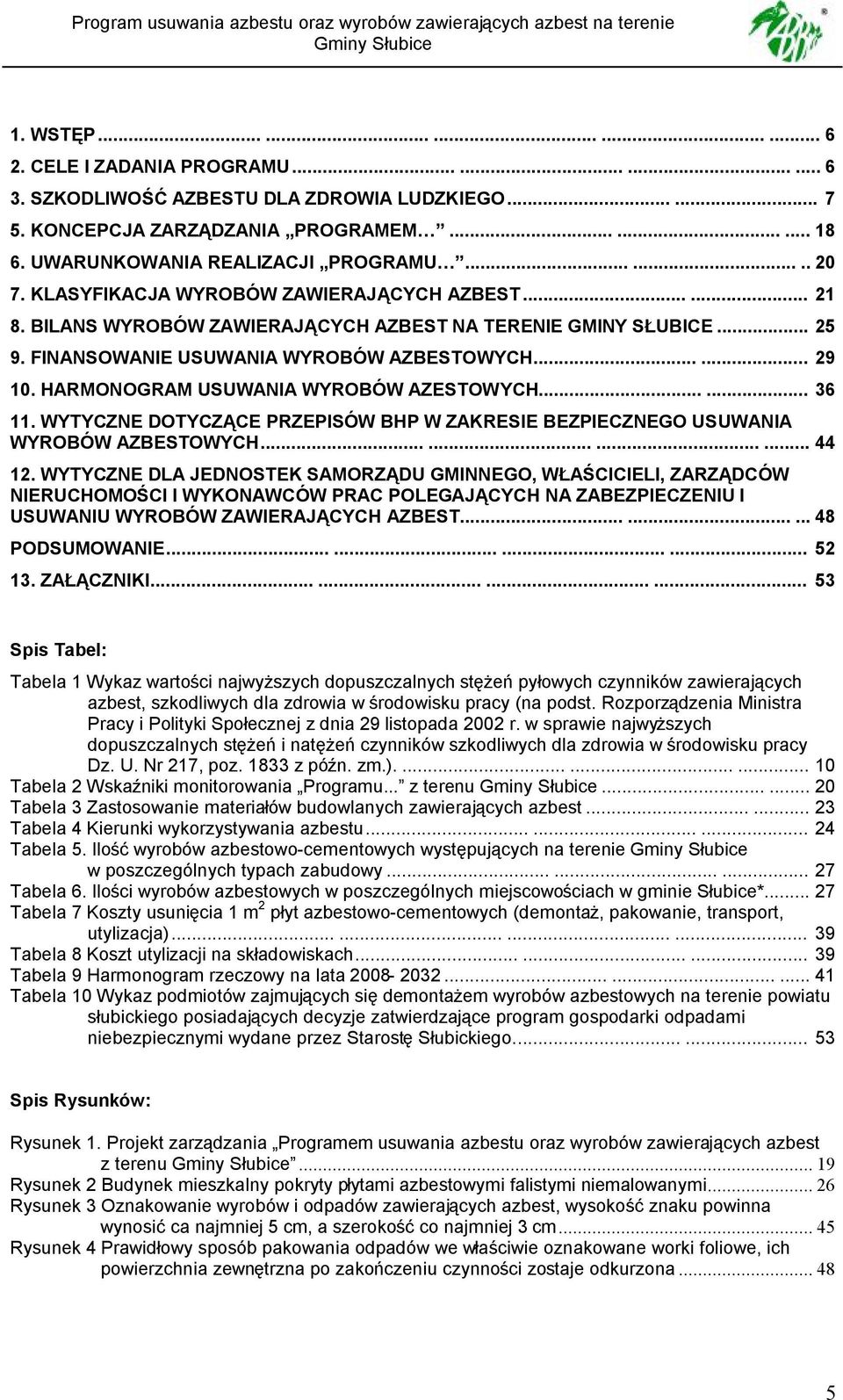 FINANSOWANIE USUWANIA WYROBÓW AZBESTOWYCH...... 29 10. HARMONOGRAM USUWANIA WYROBÓW AZESTOWYCH...... 36 11. WYTYCZNE DOTYCZĄCE PRZEPISÓW BHP W ZAKRESIE BEZPIECZNEGO USUWANIA WYROBÓW AZBESTOWYCH.