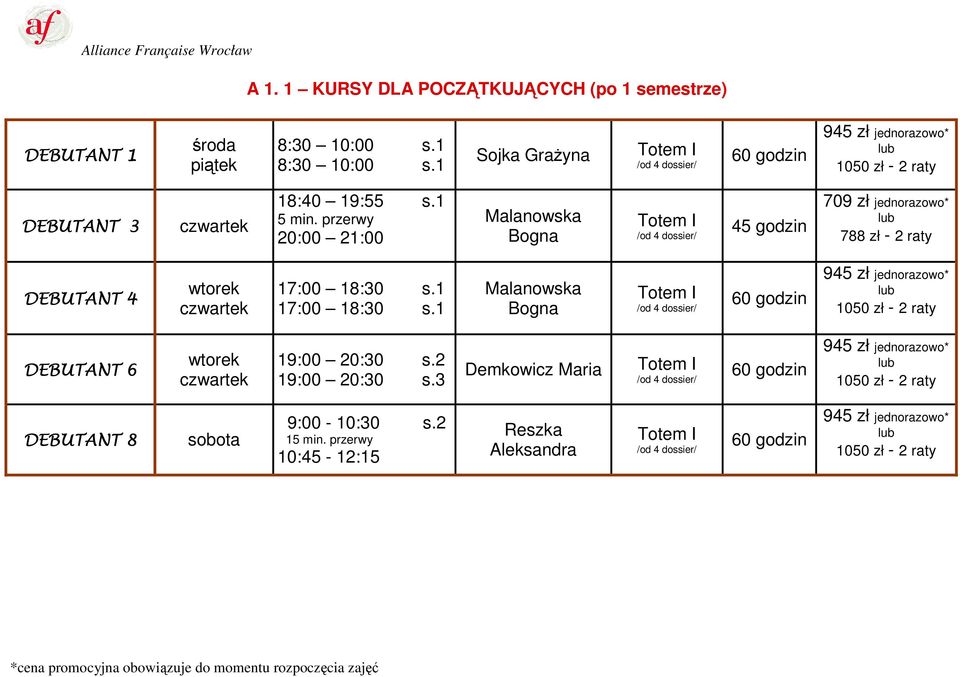 1 20:00 21:00 Malanowska Bogna Totem I DEBUTANT 4 17:00 18:30 s.1 17:00 18:30 s.