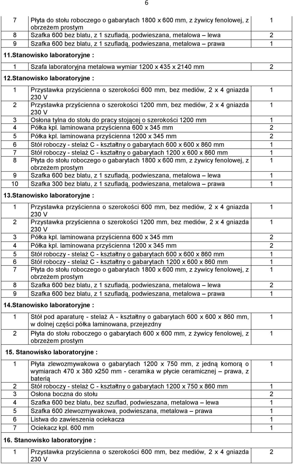 Stanowisko laboratoryjne : 1 Przystawka przyścienna o szerokości 600 mm, bez mediów, 2 x 4 gniazda 1 2 Przystawka przyścienna o szerokości 1200 mm, bez mediów, 2 x 4 gniazda 1 3 Osłona tylna do stołu