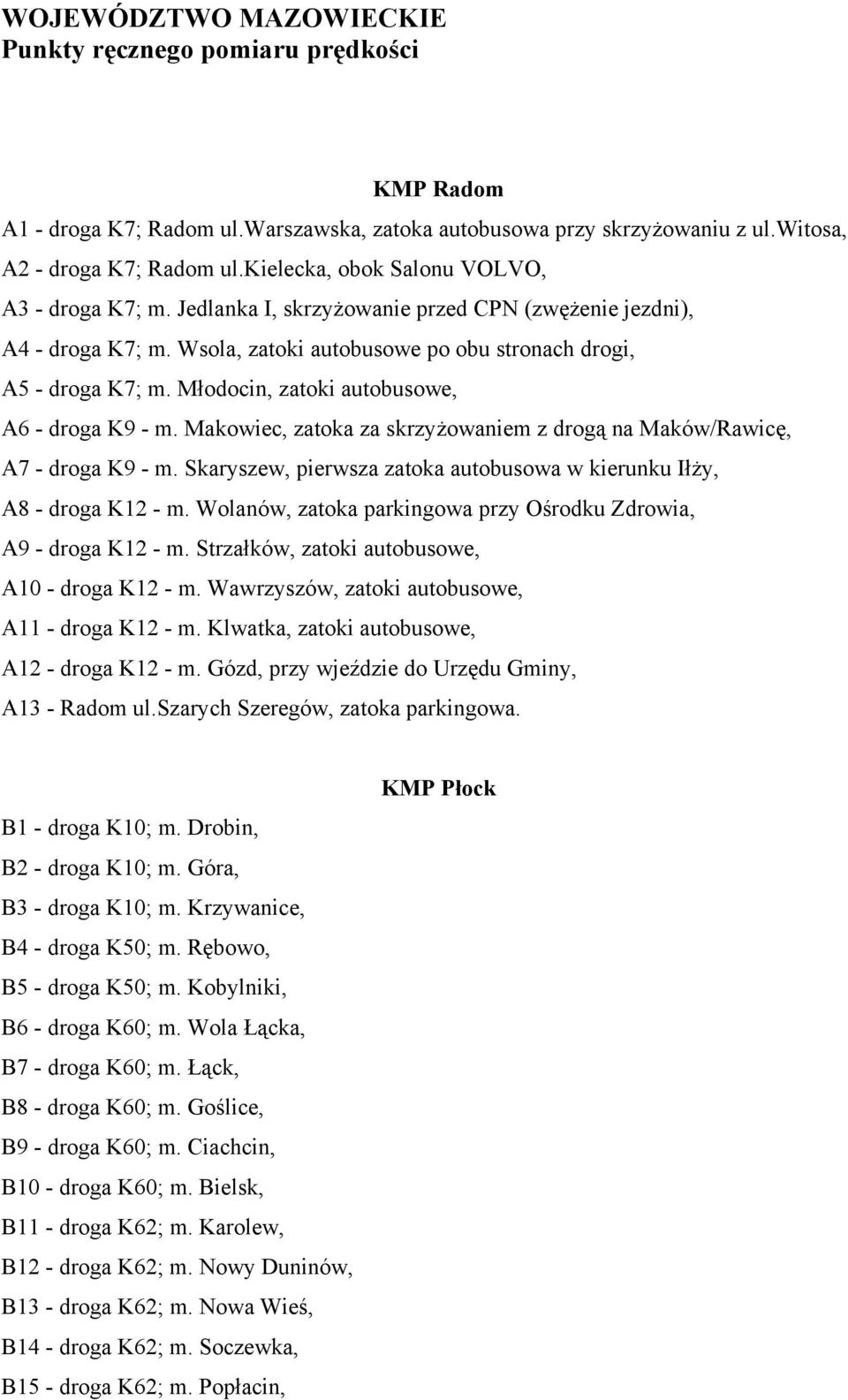 Młodocin, zatoki autobusowe, A6 - droga K9 - m. Makowiec, zatoka za skrzyżowaniem z drogą na Maków/Rawicę, A7 - droga K9 - m. Skaryszew, pierwsza zatoka autobusowa w kierunku Iłży, A8 - droga K12 - m.