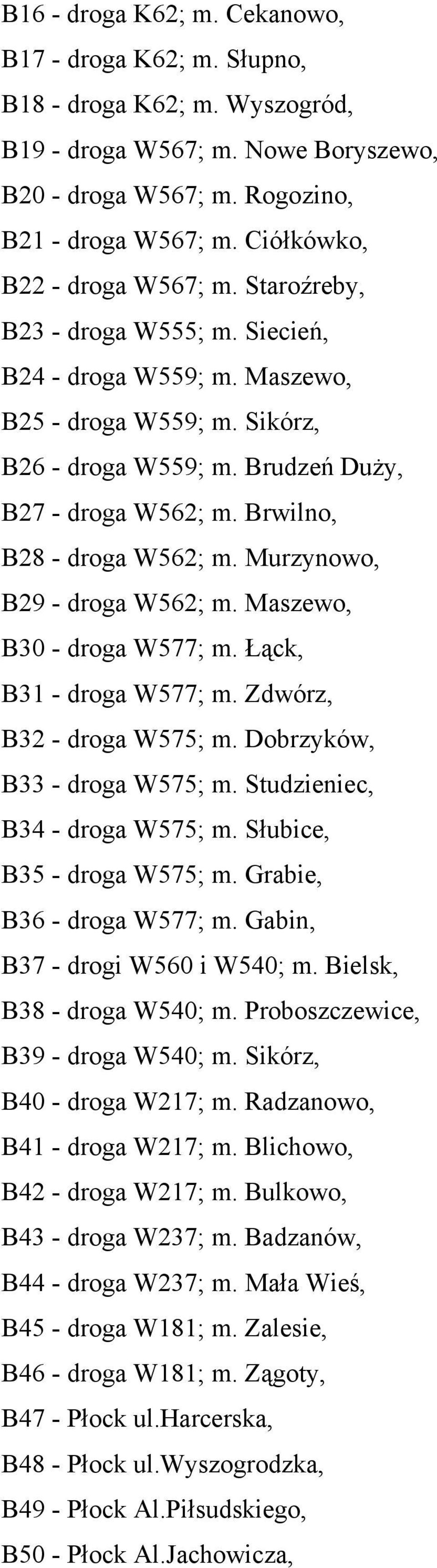 Brwilno, B28 - droga W562; m. Murzynowo, B29 - droga W562; m. Maszewo, B30 - droga W577; m. Łąck, B31 - droga W577; m. Zdwórz, B32 - droga W575; m. Dobrzyków, B33 - droga W575; m.