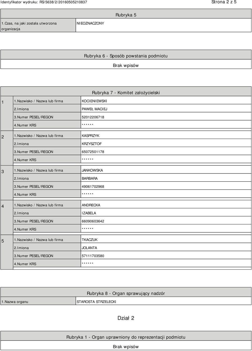 Numer PESEL/REGON 65072501178 3 1.Nazwisko / Nazwa lub firma JANKOWSKA BARBARA 3.Numer PESEL/REGON 49061702968 4 1.Nazwisko / Nazwa lub firma ANDRECKA IZABELA 3.