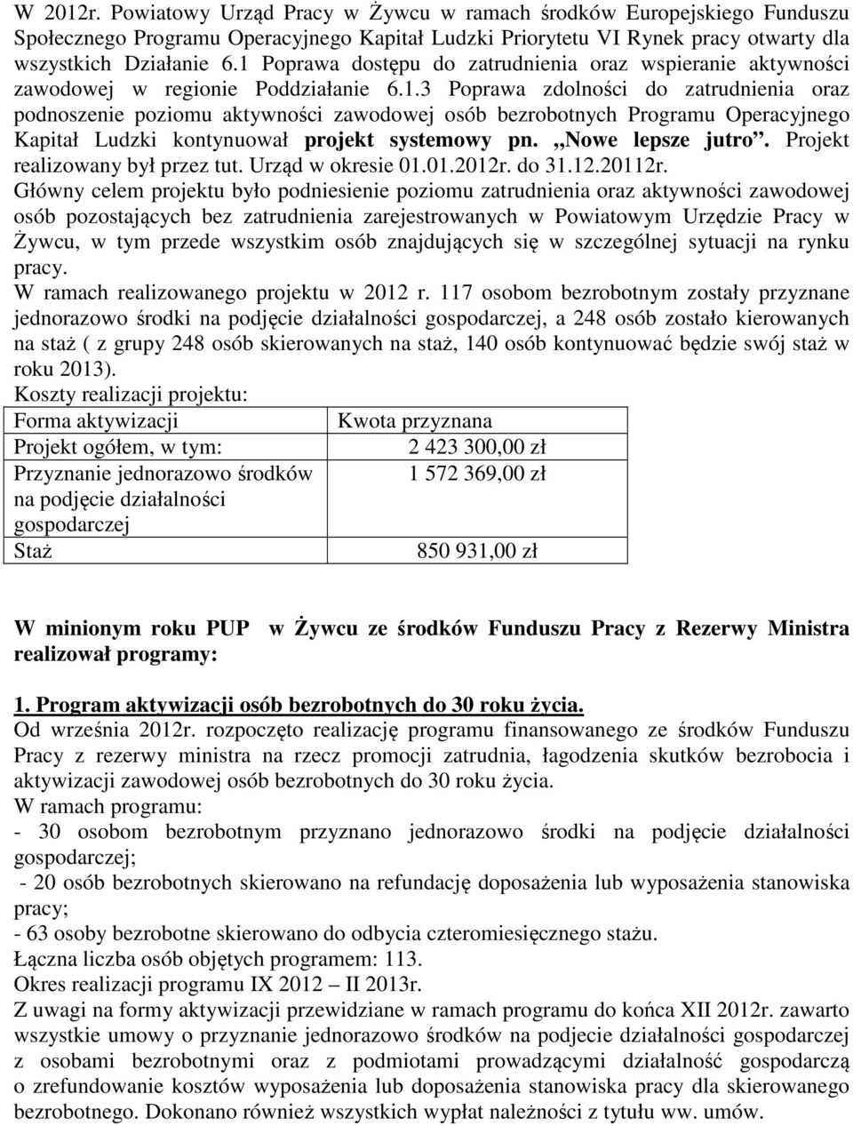 Nowe lepsze jutro. Projekt realizowany był przez tut. Urząd w okresie 01.01.2012r. do 31.12.20112r.