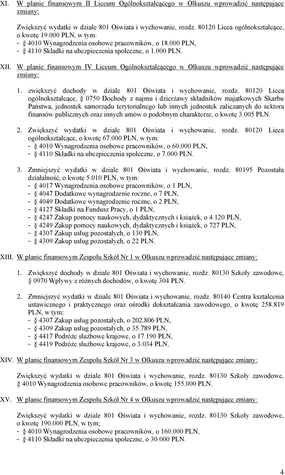 W planie finansowym IV Liceum Ogólnokształcącego w Olkuszu wprowadzić następujące 1. zwiększyć dochody w dziale 801 Oświata i wychowanie, rozdz.