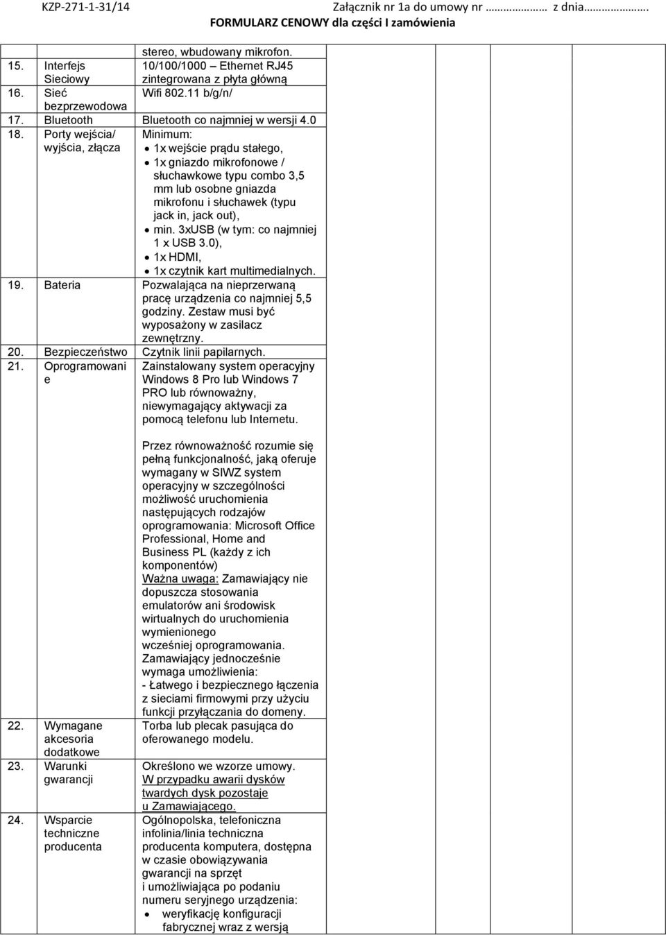 3xUSB (w tym: co najmniej 1 x USB 3.0), 1x HDMI, 1x czytnik kart multimedialnych. 19. Bateria Pozwalająca na nieprzerwaną pracę urządzenia co najmniej 5,5 godziny.