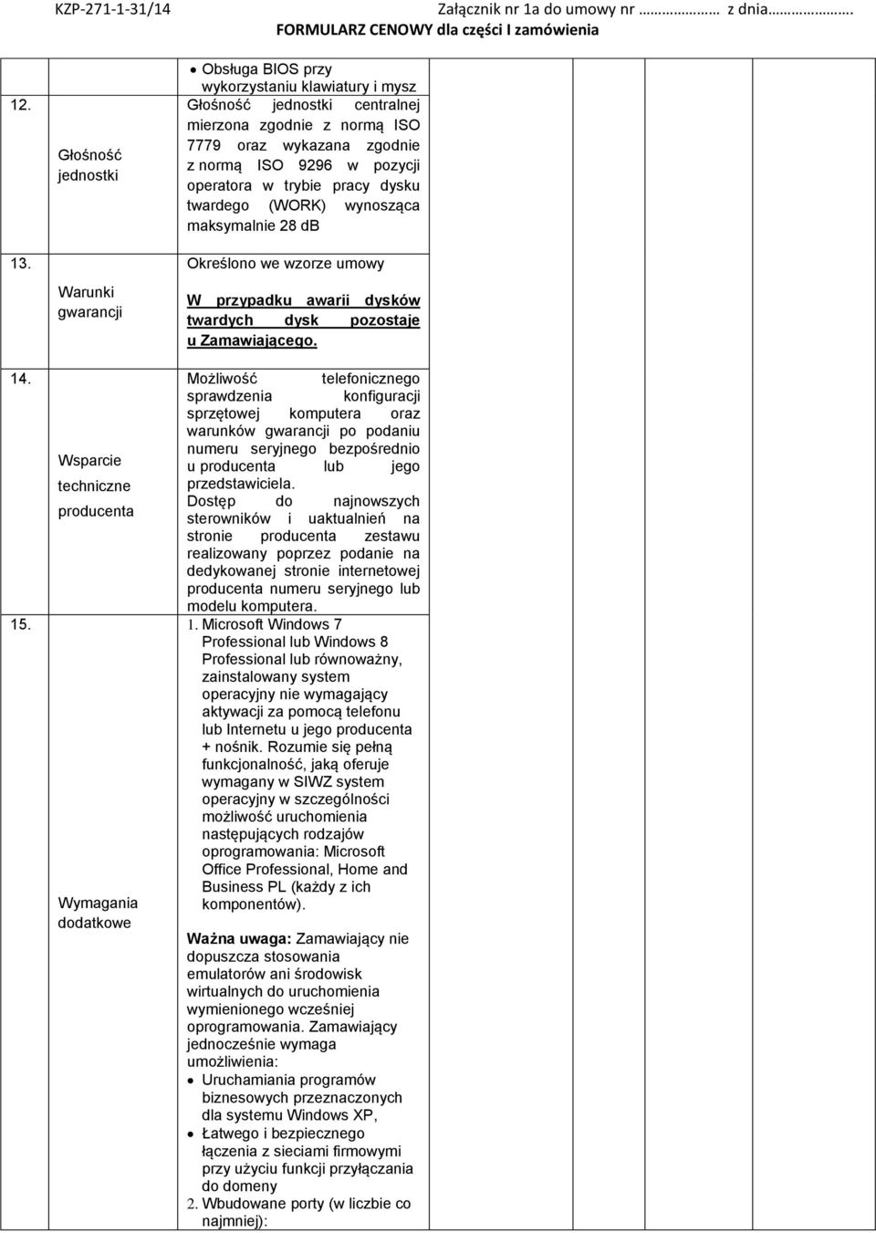 zgodnie z normą ISO 7779 oraz wykazana zgodnie z normą ISO 9296 w pozycji operatora w trybie pracy dysku twardego (WORK) wynosząca maksymalnie 28 db Określono we wzorze umowy W przypadku awarii