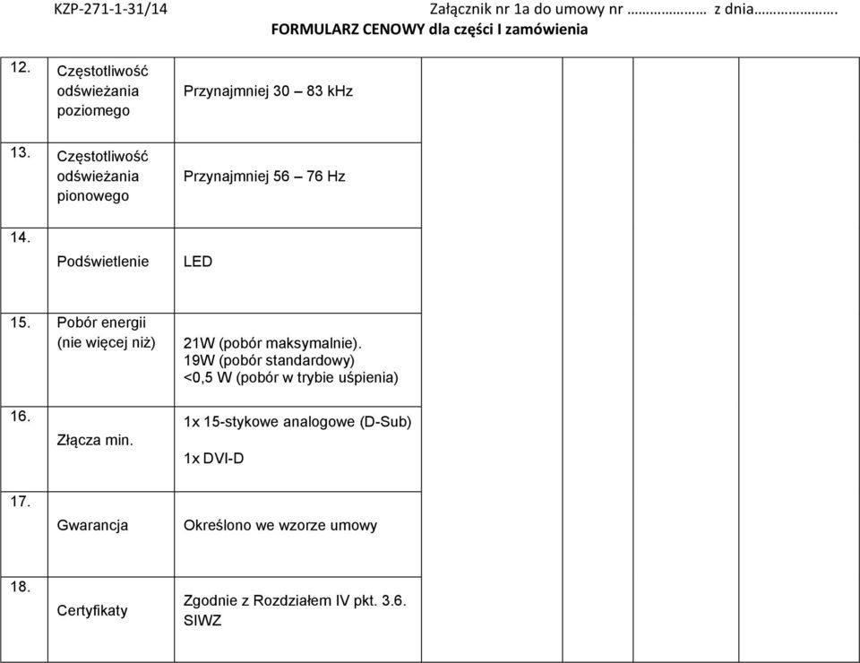 Pobór energii (nie więcej niż) 21W (pobór maksymalnie).