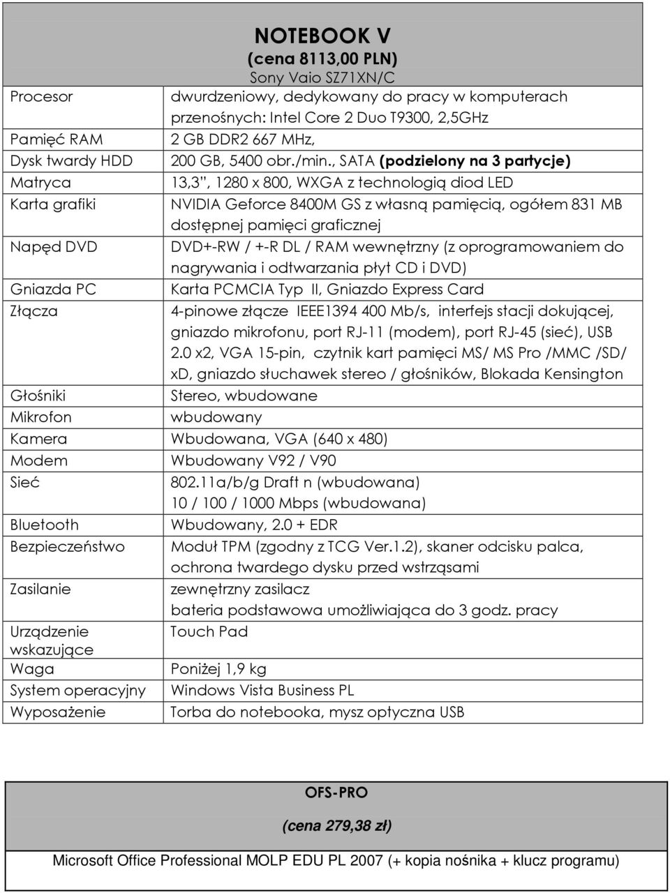 (z oprogramowaniem do Karta PCMCIA Typ II, Gniazdo Express Card 4-pinowe złącze IEEE1394 400 Mb/s, interfejs stacji dokującej, gniazdo mikrofonu, port RJ-11 (modem), port RJ-45 (sieć), USB 2.