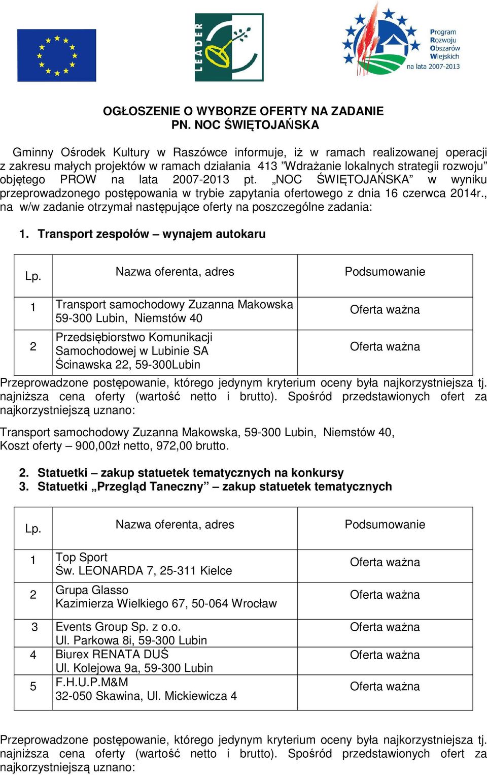 na lata 2007-2013 pt. NOC ŚWIĘTOJAŃSKA w wyniku przeprowadzonego postępowania w trybie zapytania ofertowego z dnia 16 czerwca 2014r.