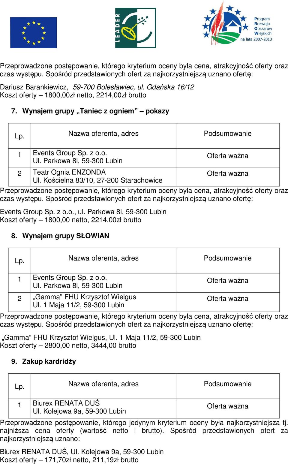 Wynajem grupy Taniec z ogniem pokazy 2 Teatr Ognia ENZONDA Ul. Kościelna 83/10, 27-200 Starachowice  Spośród przedstawionych ofert za najkorzystniejszą uznano ofertę: Events Group Sp. z o.o., ul.