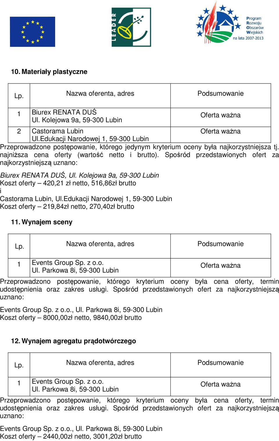 Wynajem sceny Przeprowadzono postępowanie, którego kryterium oceny była cena oferty, termin udostępnienia oraz zakres usługi.