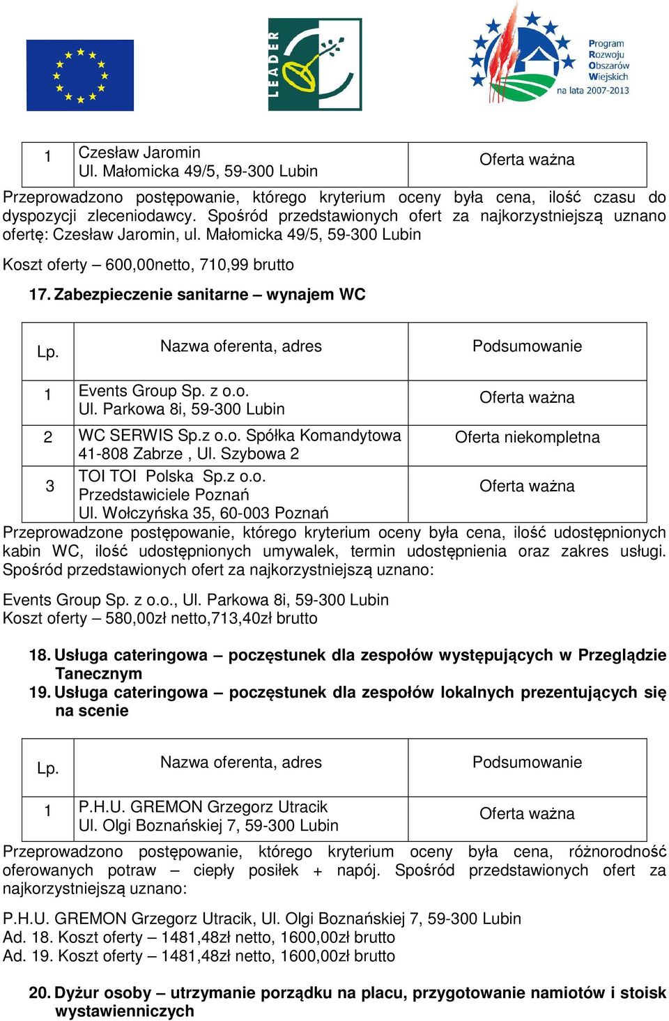 Zabezpieczenie sanitarne wynajem WC 2 WC SERWIS Sp.z o.o. Spółka Komandytowa Oferta niekompletna 41-808 Zabrze, Ul. Szybowa 2 TOI TOI Polska Sp.z o.o. 3 Przedstawiciele Poznań Ul.