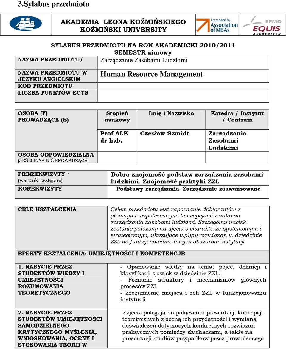 NIŻ PROWADZĄCA) Prof ALK dr hab. Czesław Szmidt Zarządzania Zasobami Ludzkimi PREREKWIZYTY * (warunki wstępne) KOREKWIZYTY Dobra znajomość podstaw zarządzania zasobami ludzkimi.