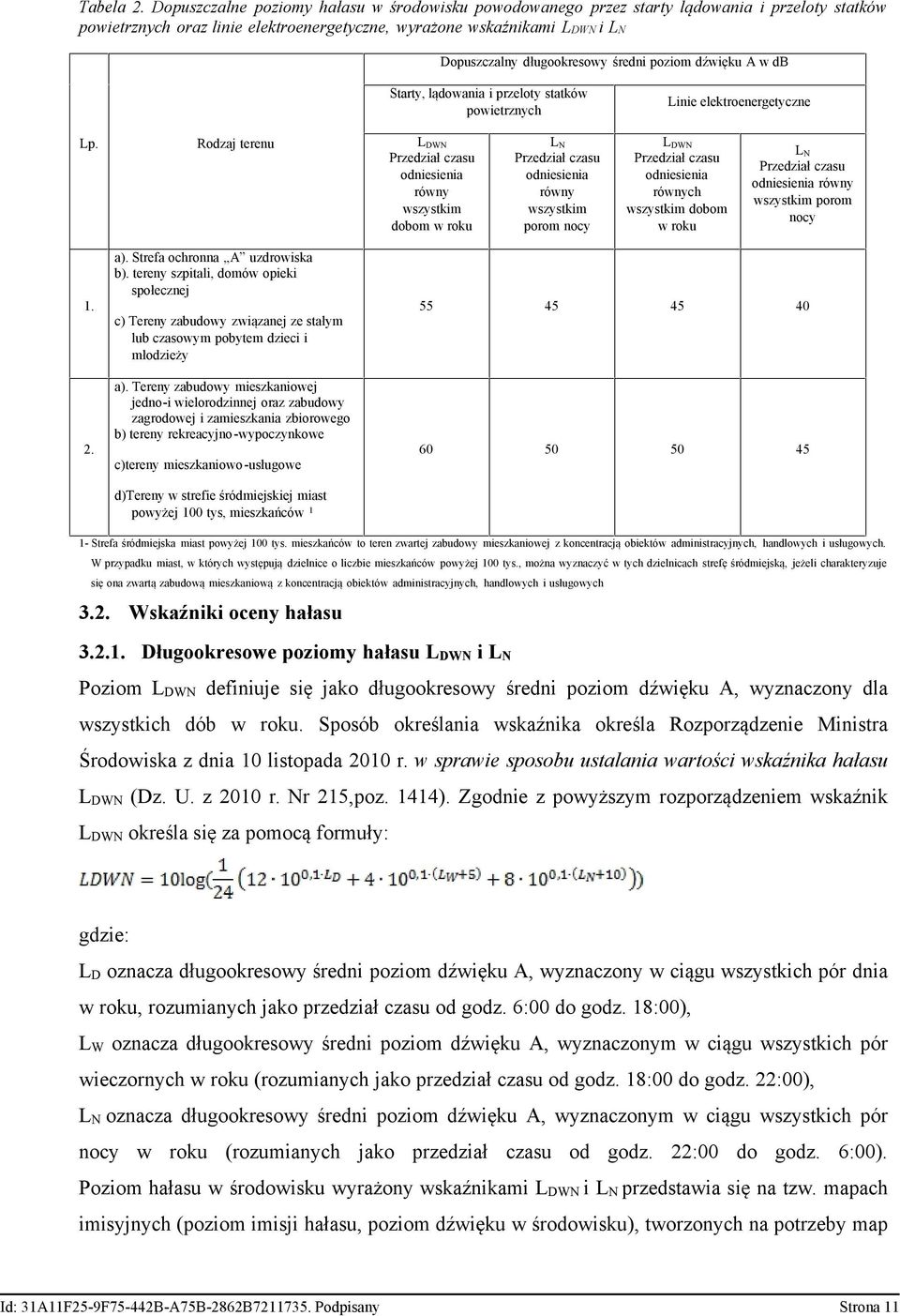 średni poziom dźwięku A w db Starty, lądowania i przeloty statków powietrznych Linie elektroenergetyczne Lp.