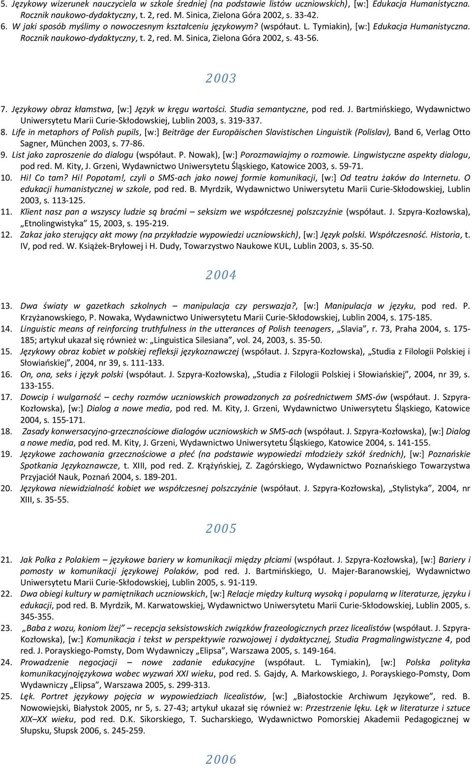 Językowy obraz kłamstwa, [w:] Język w kręgu wartości. Studia semantyczne, pod red. J. Bartmińskiego, Wydawnictwo Uniwersytetu Marii Curie-Skłodowskiej, Lublin 2003, s. 319-337. 8.