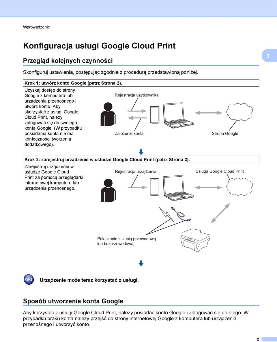 Aby skorzystać z usługi Google Cloud Print, należy zalogować się do swojego konta Google. (W przypadku posiadania konta nie ma konieczności tworzenia dodatkowego).