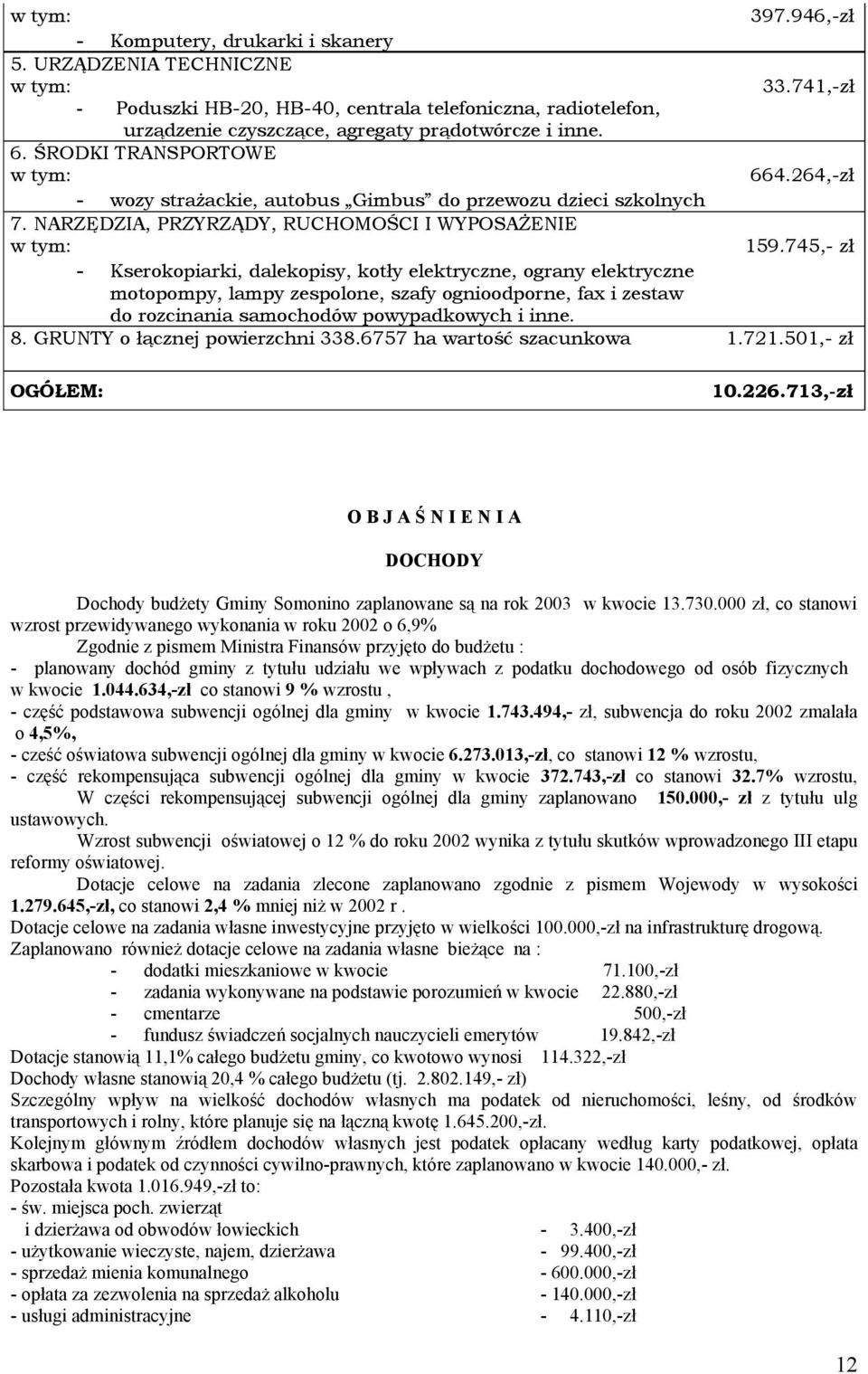 264,-zł - wozy strażackie, autobus Gimbus do przewozu dzieci szkolnych 7. NARZĘDZIA, PRZYRZĄDY, RUCHOMOŚCI I WYPOSAŻENIE w tym: 159.