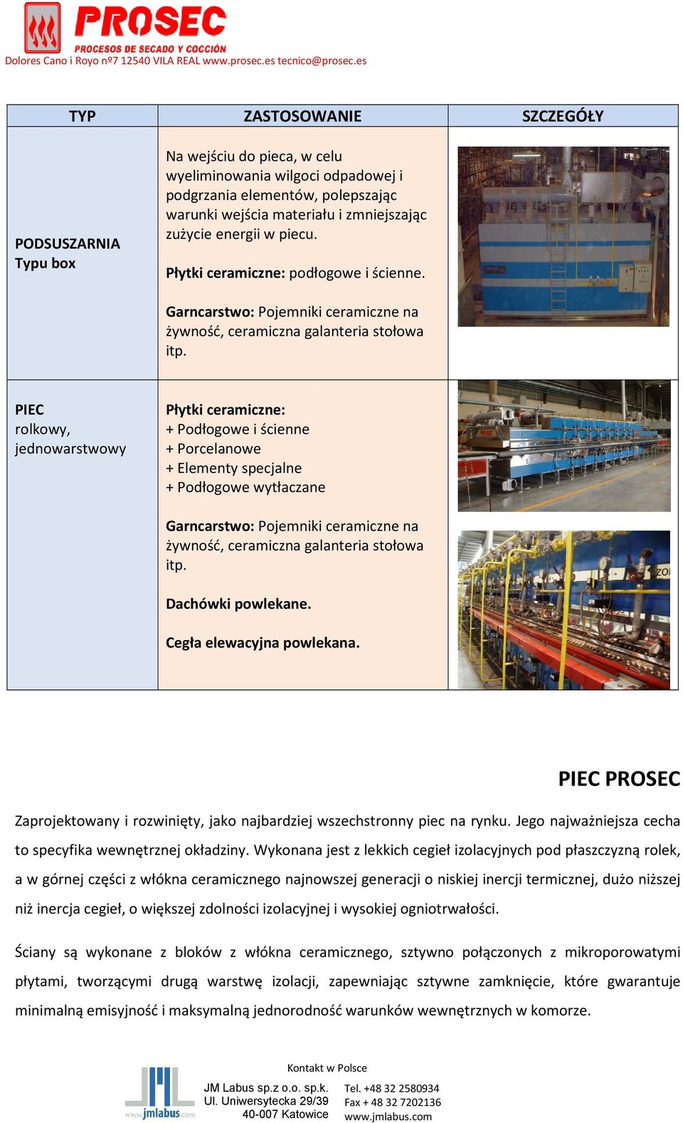 PIEC rolkowy, jednowarstwowy Płytki ceramiczne: + Podłogowe i ścienne + Porcelanowe + Elementy specjalne + Podłogowe wytłaczane Garncarstwo: Pojemniki ceramiczne na żywność, ceramiczna galanteria