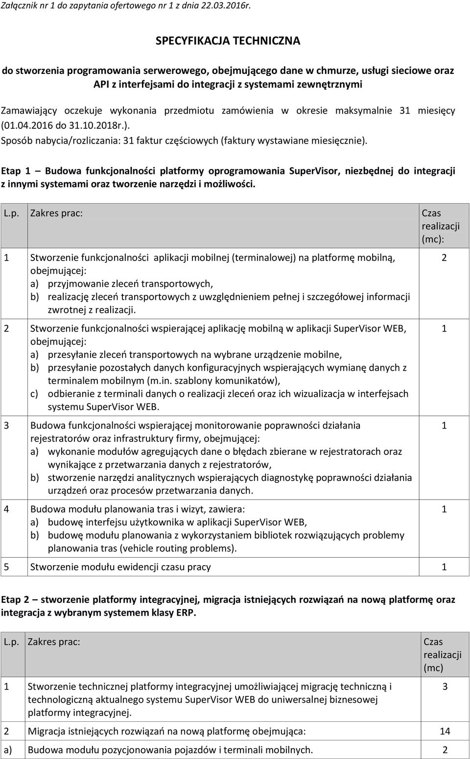 wykonania przedmiotu zamówienia w okresie maksymalnie 31 miesięcy (01.04.016 do 31.10.018r.). Sposób nabycia/rozliczania: 31 faktur częściowych (faktury wystawiane miesięcznie).