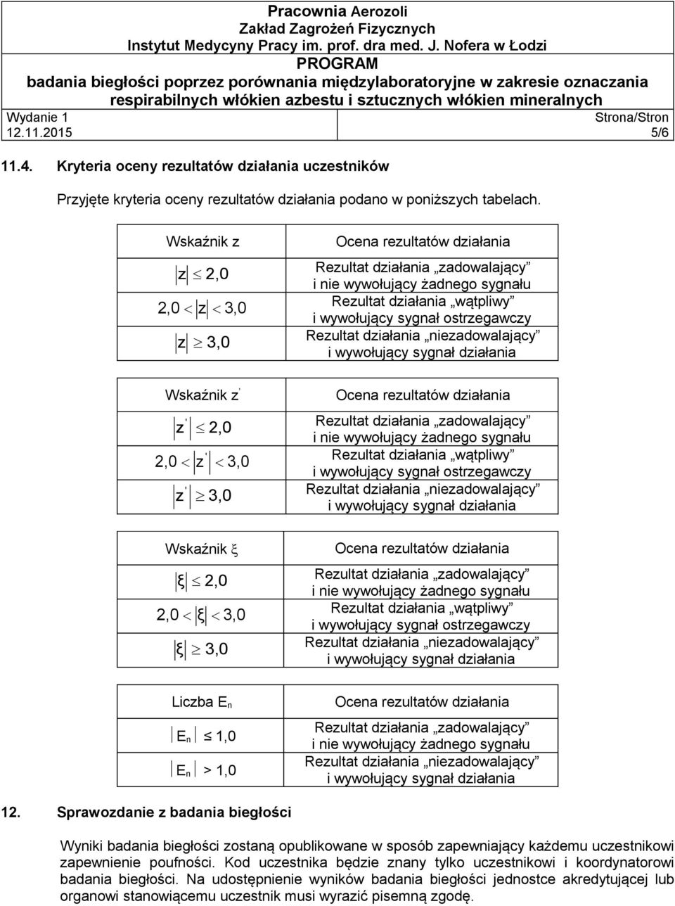 Wskaźnik ξ 2,0 2,0 ξ ξ 3,0 3,0 Rezultat działania wątpliwy i wywołujący sygnał ostrzegawczy Liczba E n E n 1,0 E n > 1,0 12.