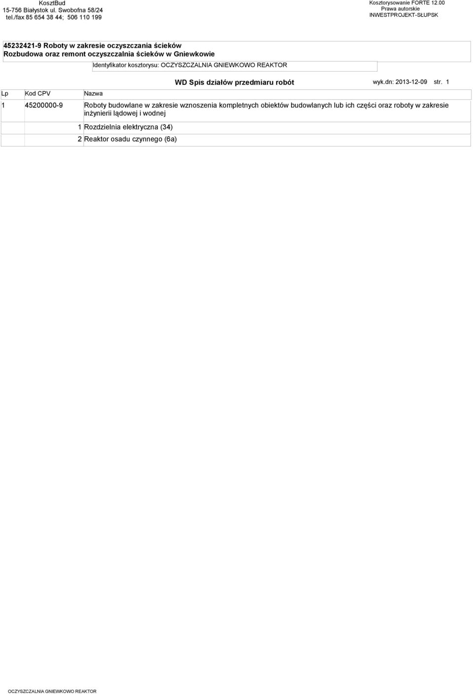 Gniewkowie Lp Kod CPV Nazwa Idenyfikaor koszorysu: WD Spis działów przedmiaru robó wyk.dn: 2013-12-09 sr.