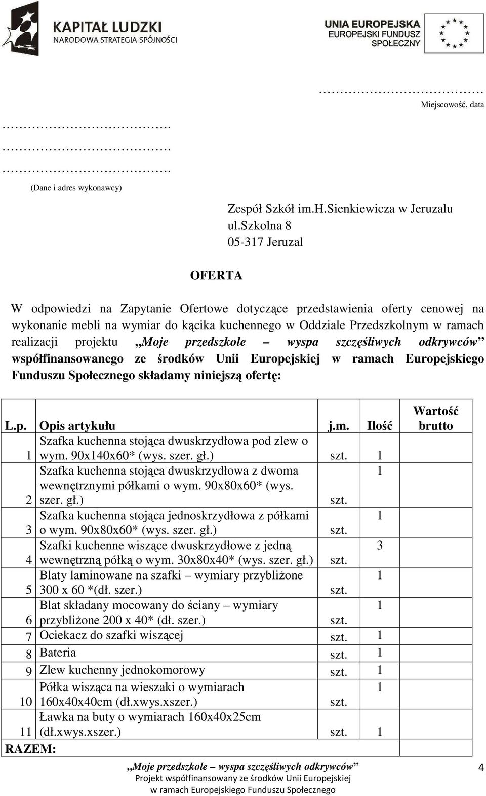 realizacji projektu współfinansowanego ze środków Unii Europejskiej w ramach Europejskiego Funduszu Społecznego składamy niniejszą ofertę: L.p. Opis artykułu j.m. Ilość Szafka kuchenna stojąca dwuskrzydłowa pod zlew o wym.