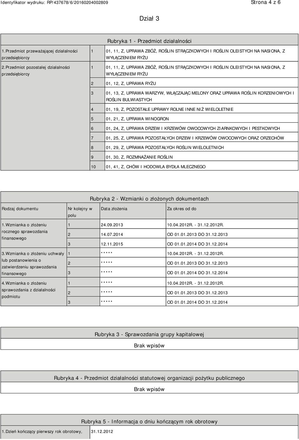 OLEISTYCH NA NASIONA, Z WYŁĄCZEM RYŻU 2 01, 12, Z, UPRAWA RYŻU 3 01, 13, Z, UPRAWA WARZYW, WŁĄCZAJĄC MELONY ORAZ UPRAWA ROŚLIN KORZENIOWYCH I ROŚLIN BULWIASTYCH 4 01, 19, Z, POZOSTAŁE UPRAWY ROLNE